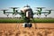 agronomist drone makes plant fertilization with liquid fertilizers