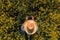 Agronomist with drone remote controller in blooming rapeseed field, aerial view