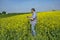 Agronomist inspecting quality of canola field