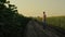 Agronomist inspecting sunflower harvest in sunlight. Farm worker resting on road