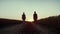 Agronomist silhouettes walking wheat field. Farmers inspecting crop at sunset