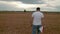 Agronomist in white t-shirt and jeans walking in wheat field.