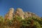 Aguero rocks, wide angle bottom view with blue sky