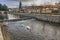 The Aguisejo River as it passes through AyllÃ³n and its medieval bridge Segovia, Spain