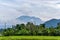 Agung volcano eruption view near rice fields, Bali