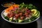 Ahi poke made of raw tuna chunks tossed over rice & topped with vegetables AI generated