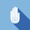 Ahimsa hand icon. Symbol of Jainism isolated on blue background. White icon Ahimsa with long shadow. Non-violence concept
