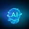 AI. Artificial Intelligence Logo in hand. Artificial Intelligence and Machine Learning Concept. Sphere grid wave with binary code