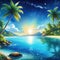 AI created description of a stunning tropical beach with crystal clear palm and blue