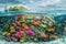 AI creates an image of screen is a realistic photograph of lots of colorful corals and fish underwater in the ocean,
