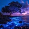 AI creates images of beach, sea, Bioluminescent Algae Mystical Grand tree,midnight beach, with sand swirling around in a low-angle
