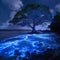 AI creates images of beach, sea, Bioluminescent Algae Mystical Grand tree,midnight beach, with sand swirling around in a low-angle