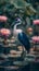 AI creates images of A graceful crane bird is standing in a serene pond, surrounded by blooming lotus flowers and lush greenery,