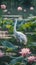 AI creates images of A graceful crane bird is standing in a serene pond, surrounded by blooming lotus flowers and lush greenery,