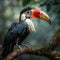 AI creates images of A Great hornbill,Rhinoceros hornbill ,Buceros bicornis is hornbill perches on a branch in a dense forest,