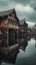 AI creates images, houses along the river with boat travel Using a wooden rowing boat, rural style,