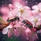 AI creates images of insects on pink cherry blossoms, macro insects