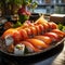 AI creates images japanese sushi food,Assorted nigiri and maki big set on slate.