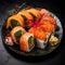 AI creates images japanese sushi food,Assorted nigiri and maki big set on slate. A variety of Japanese sushi