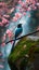 AI creates images of A red-billed blue magpie sits on a fallen cherry blossom branch