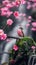 AI creates images of A sparrow perched on a pink cherry blossom tree.