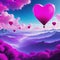 ai a fantasy landscape and floating magenta colored heart shaped balloons