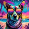 AI generate Firefly T-shirt design of a dog wearing sunglasses with a tropical beach, in the stAyle of neon halluA