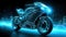 AI generated 3d image of a holographic wireframe motorbike model with a digital color background.