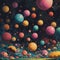 AI generated abstract artwork depicting colorful spheres, mushrooms and green meadows