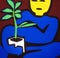 AI generated abstract illustration of human-like creature holding a pot of a houseplant