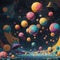 AI generated abstract image depicting colorful spheres, mushrooms and a water body
