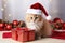 AI generated. Adorable red cute funny little cat sitting with gift present boxes on Christmas festive background