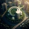 AI Generated. Aerial drone view of a green eco modern futuristic city