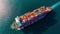 AI Generated. Aerial top view of cargo maritime ship with contrail in the ocean ship carrying container and running for export