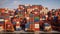 AI Generated. Aerial view closed up container ship in port at container terminal port. Container ship stand in terminal port on