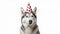 AI generated animation of the husky in birthday cap saying something while looking into the camera. A talking husky on