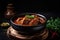 AI generated appetizing kaldereta goat meat stewed in tomato sauc in a dark green bowl