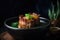 AI generated appetizing lechon spit-roasted pig in a dark green bowl