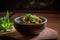 AI generated appetizing Pork Sisig in a dark green bowl