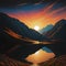 An AI generated artwork depicting sun rise from among mountains and a lake