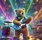 AI generated artwork of a teddy playing guitar in an onstage concert with drums around him