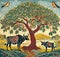 AI generated artwork of a tree with cows grazing under the same and birds flying in the skies