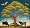 AI generated artwork with vibrant colours of a tree and black cows grazing under the same