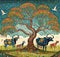 AI generated artwork with vibrant colours of a tree and cows grazing under the same