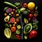 AI generated assortment of fresh fruits artfully arranged in a dark background
