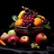 AI generated assortment of fresh fruits artfully arranged in a dark background