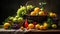 AI generated assortment of fresh fruits artfully arranged in a dark background