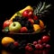 AI generated assortment of fresh fruits artfully arranged in a dark background