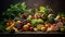 AI generated assortment of fresh fruits and vegetables artfully arranged in a dark background