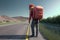 AI generated Back View of a Male Hitchhiker Standing By the Road